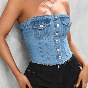Unity Flap Pocket Button Front Tube Denim Top - Light Wash